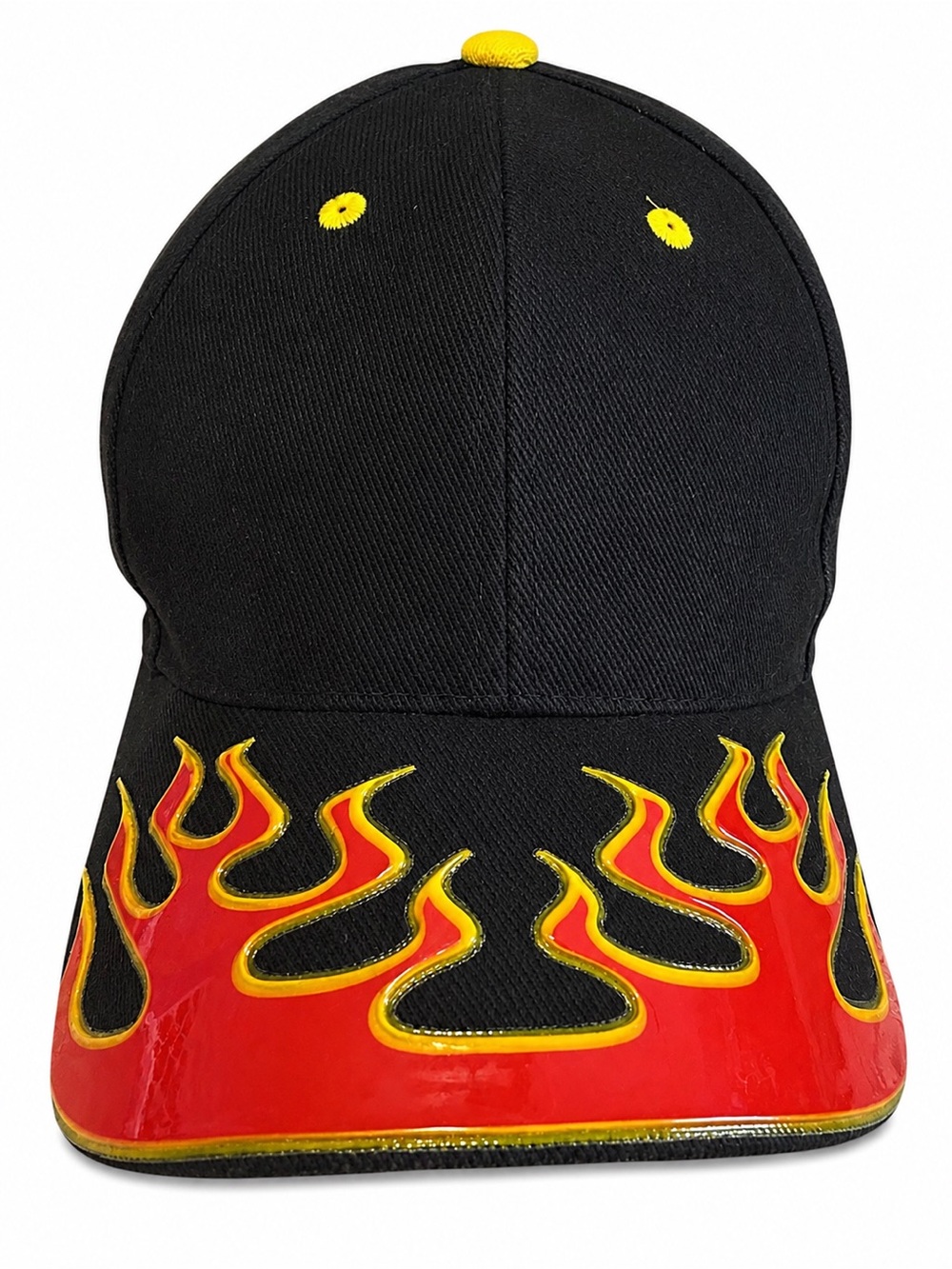 Black Cap with Red and Yellow Flame Visor - Men's Baseball Hat - Picture 2 of 12